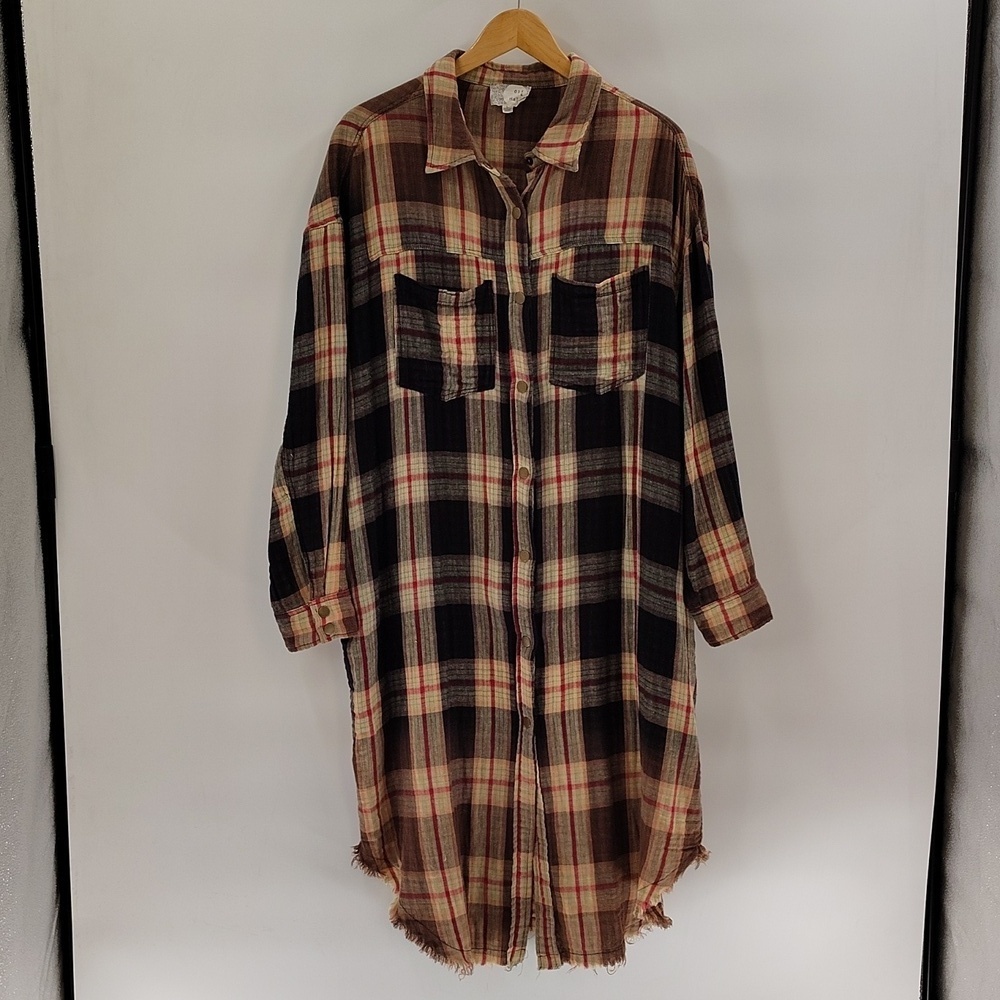 OLI & HALI Plaid Snap Down Mid Length Shacket Large Pockets Brown